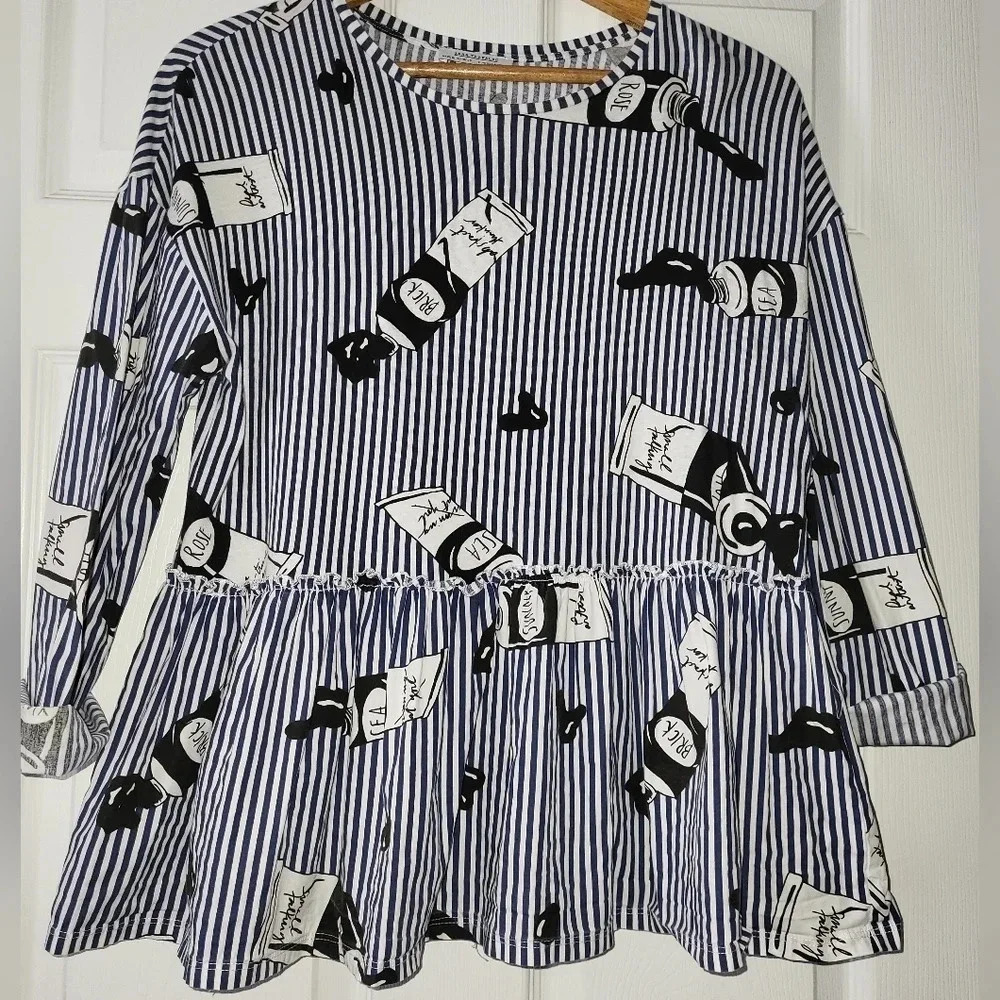 ZARA Artist Paint Tubes Blue White Striped Blouse Top‎ Size Small